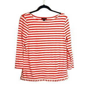 J. Crew. Red and white striped long sleeved blouse with fringed detail along hem